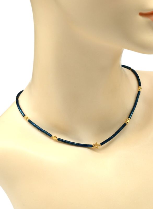 Choker made of Czech glass "Stars" cylinder 2*4mm color blue, 40cm