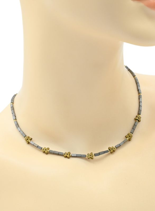 Hematite choker rectangle 2*4mm with butterflies silver color, 39cm