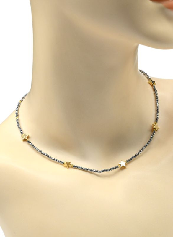 Hematite choker ball 2mm silver color, asterisk insert 7*7mm, 40cm