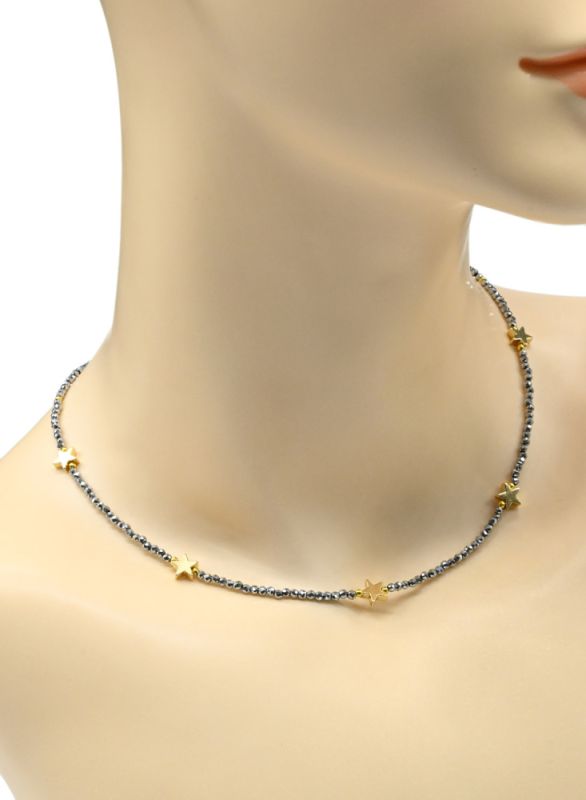 Hematite choker ball 2mm silver color, asterisk insert 7*7mm, 40cm