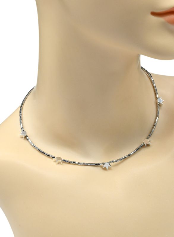 Hematite choker cylinder 2*3mm silver color, crown insert 6*8mm, 39cm