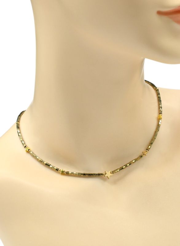 Choker made of hematite "Star" cube 2*2mm gold color, 39cm