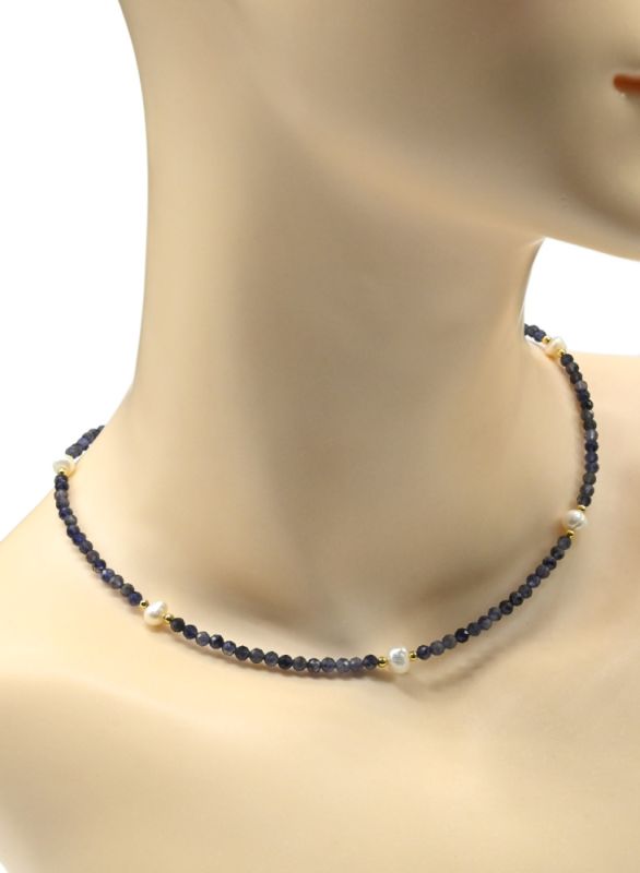 Choker made of Iolite (cordierite) ball 3.5mm, insert pearl 5mm, 40cm