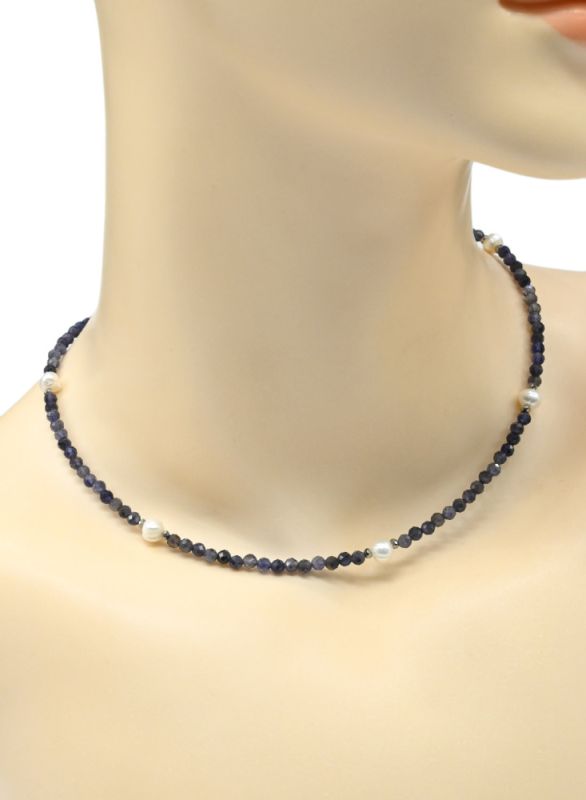 Choker made of Iolite (cordierite) ball 3.5mm, insert pearl 5mm, 40cm