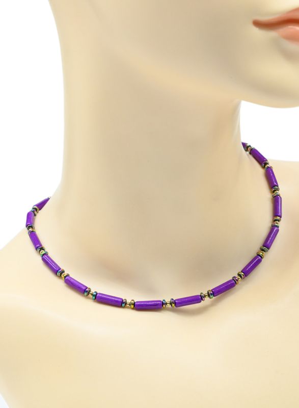 Choker made of tinted caholong cylinder 4*13mm color violet, 40cm