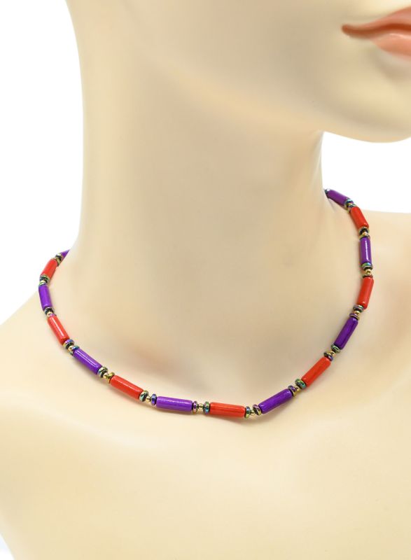 Choker made of tinted caholong cylinder 4*13mm color red, purple, 39cm