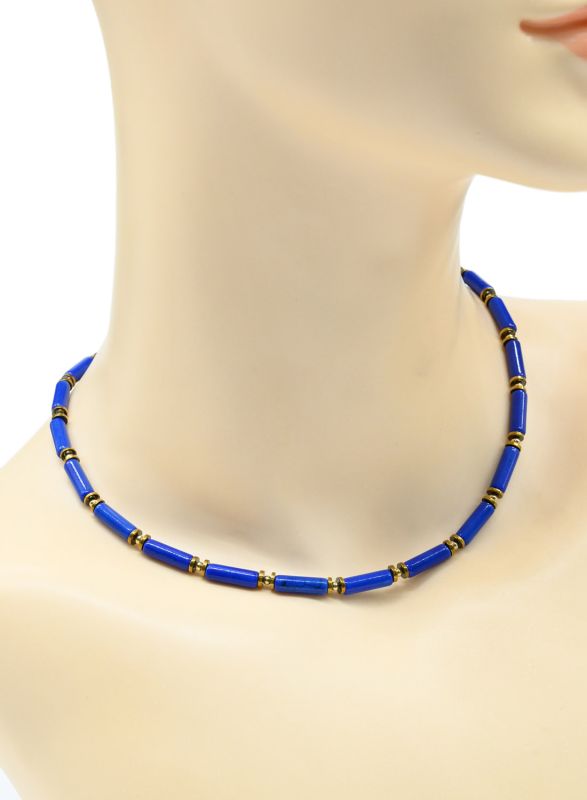 Choker made of tinted caholong cylinder 4*13mm blue, 39cm