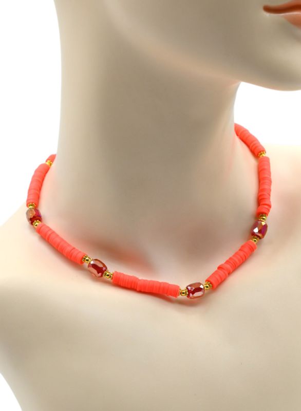 Choker on the neck made of rubber with zircon bright orange color, 40cm