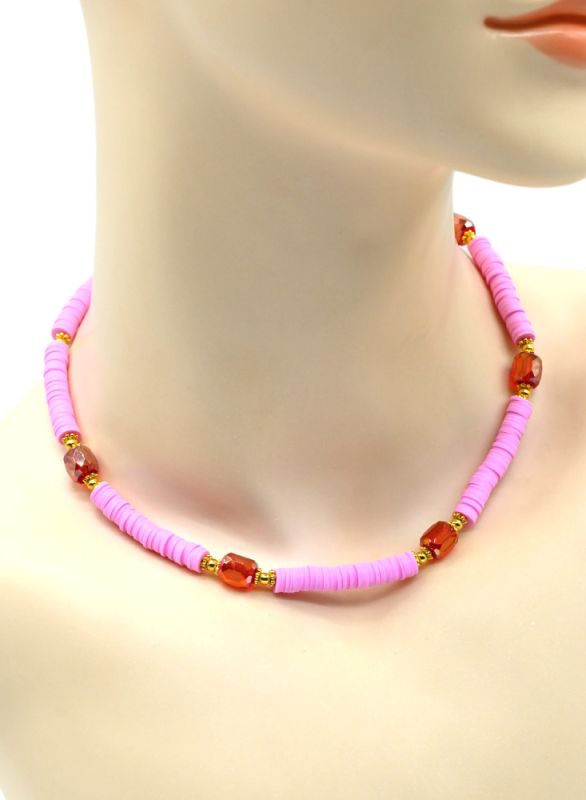 Choker on the neck made of rubber with zircon, bright pink, 40cm