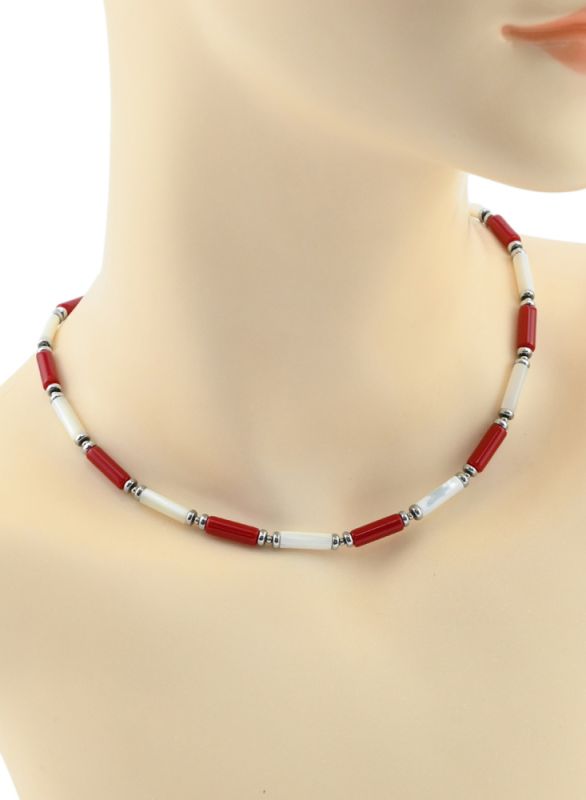 Choker made of mother of pearl and coral (imitation) cylinder 4*13mm, 39.5cm