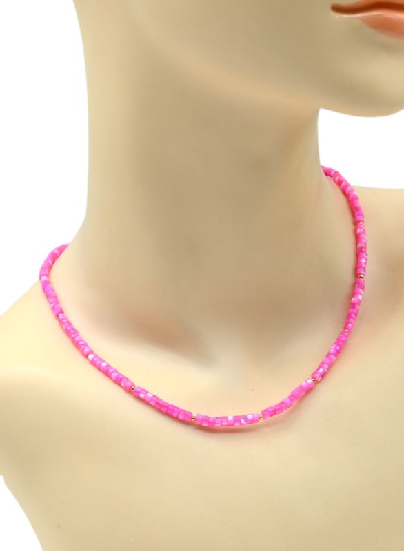 Choker made of mother-of-pearl tinted discs 4mm fuchsia, 45cm