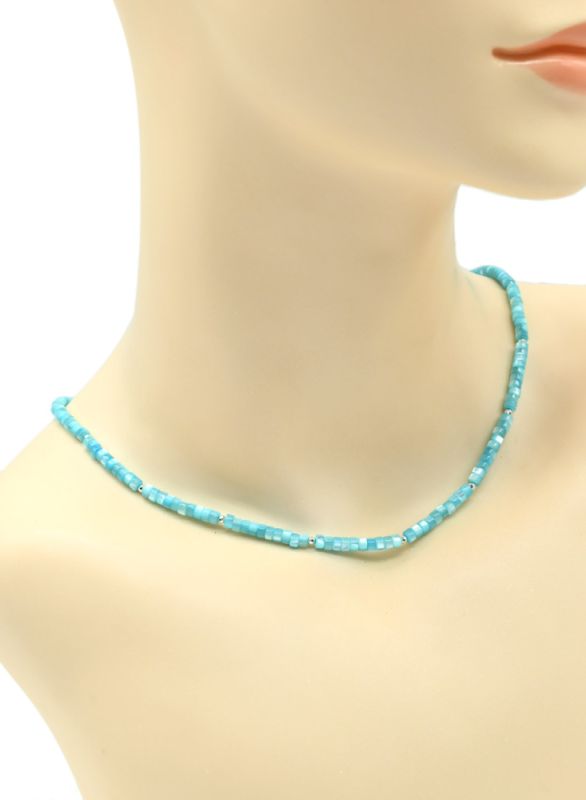 Choker made of mother-of-pearl tinted discs 4mm blue bright color, 45cm