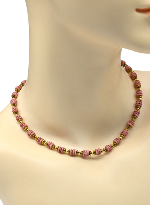 Seashell choker 6mm discs with hematite, pink, golden, 40cm