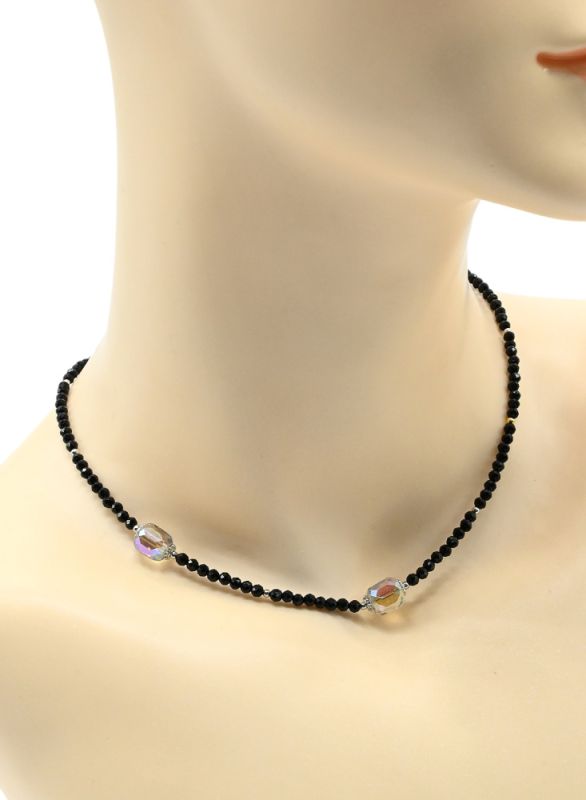 Choker made of black spinel ball 3mm with zircon 7*8mm chameleon crystal, 39cm