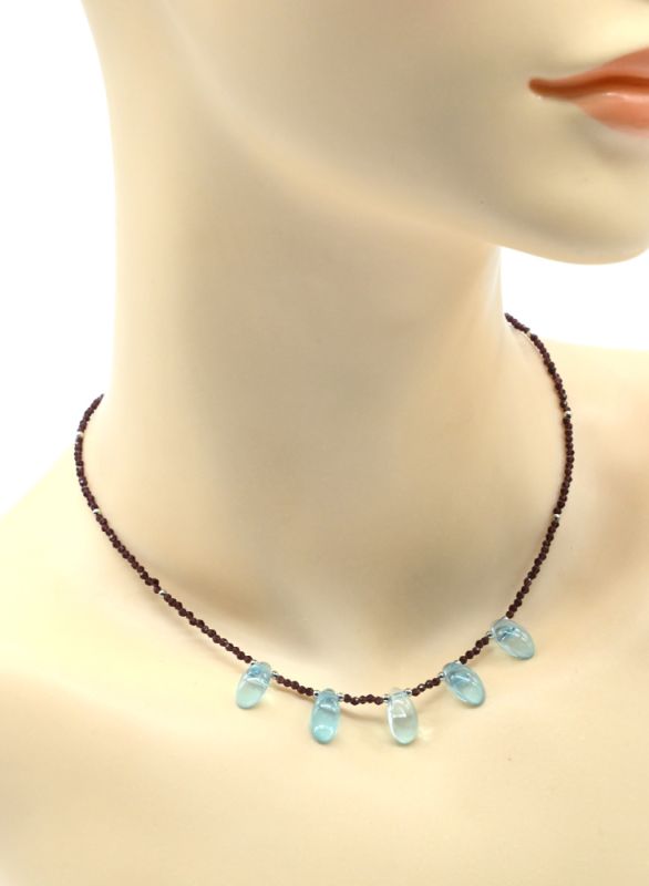 Purple spinel choker with Drop pendant 6*12 blue color, 39cm