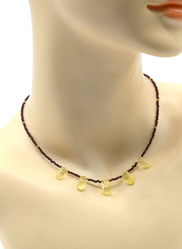 Purple spinel choker with Drop pendant 6*12 yellow, 39cm