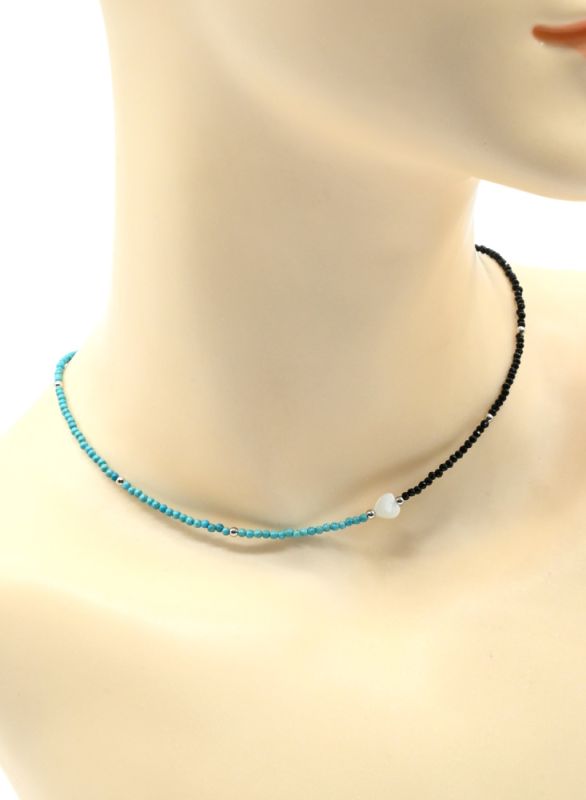 Choker made of spinel and turquoise with a pearl Heart pendant, 39cm