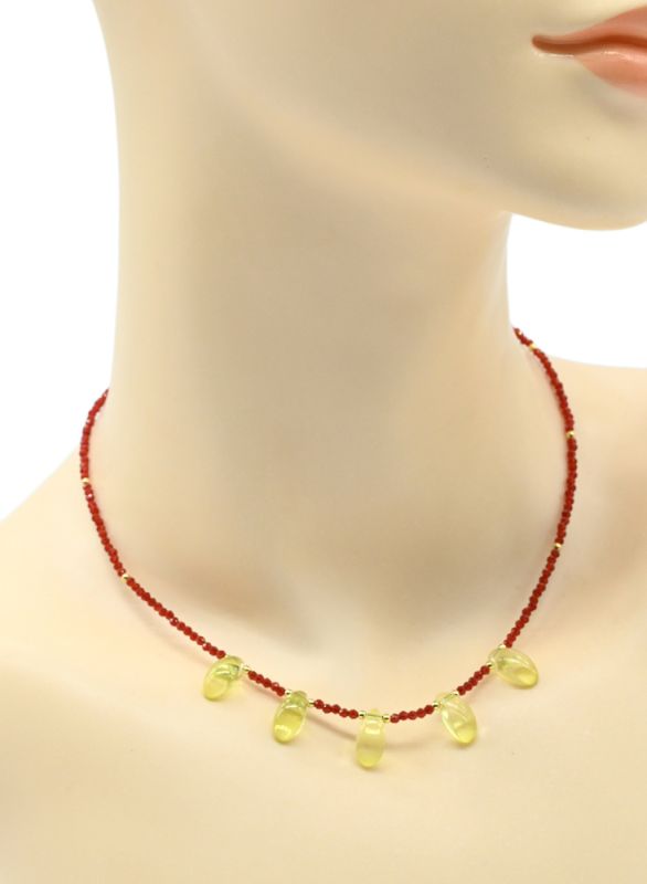 Red Spinel choker with Drop pendant 6*12mm yellow color, 39cm