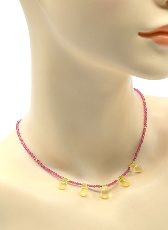 Pink spinel choker with Drop pendant 6*12mm yellow color, 39cm