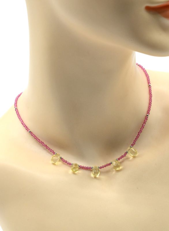 Pink spinel choker with Drop pendant 6*9mm yellow color, 39cm