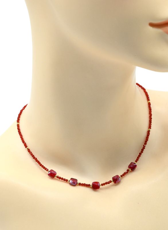 Spinel choker with pendants zircon square, red color, 39cm