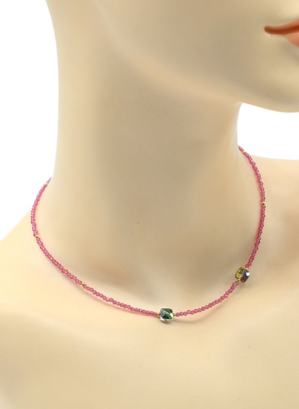 Spinel choker with pendants zircon square, rose color, 39cm