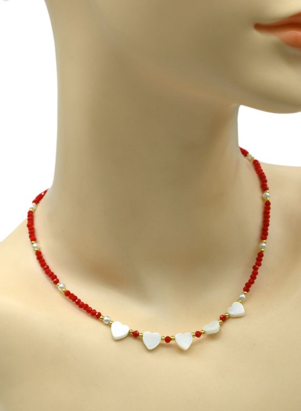 Zircon choker with Heart pendants, red, 41cm