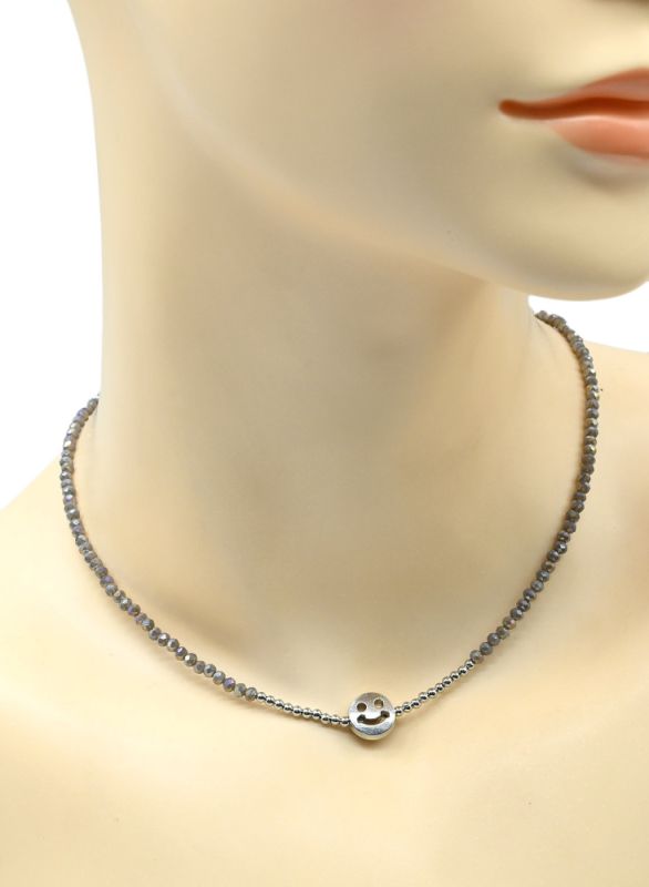 Zircon choker with "Smile" pendant, gray, 39cm