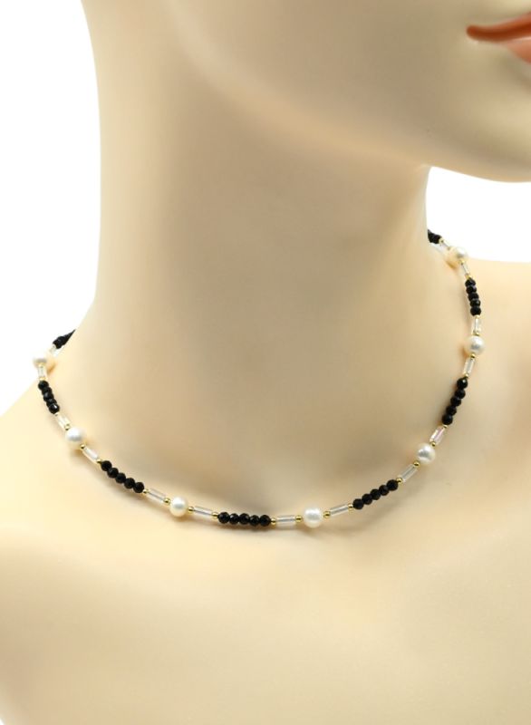 Zircon choker with pearls ball 6mm black, white, 39cm