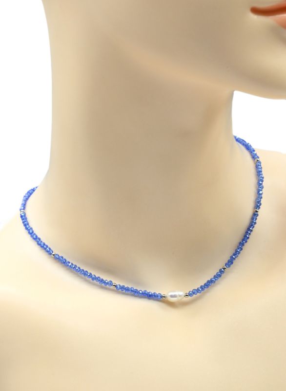 Zircon choker with pearl ball 3mm blue color, 39cm