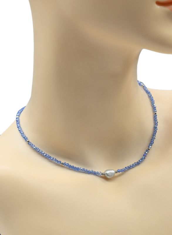 Zircon choker with pearl ball 3mm blue color, 39cm