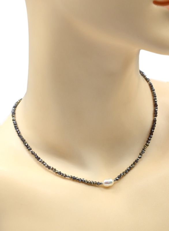 Zircon choker with pearl ball 3mm silver color, 39cm