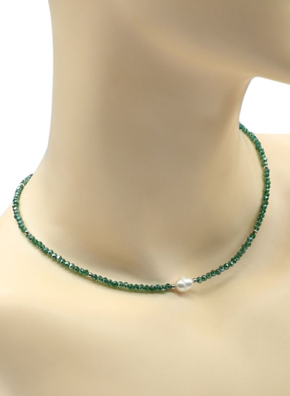 Zircon choker with pearl ball 3mm green, 39cm