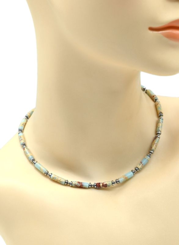 Choker made of variscite imitation cylinder 4*13mm blue color, 39cm