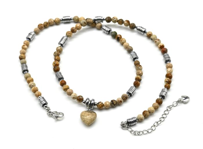 Beige jasper choker with Heart pendant and hematite ball 4mm, 43cm