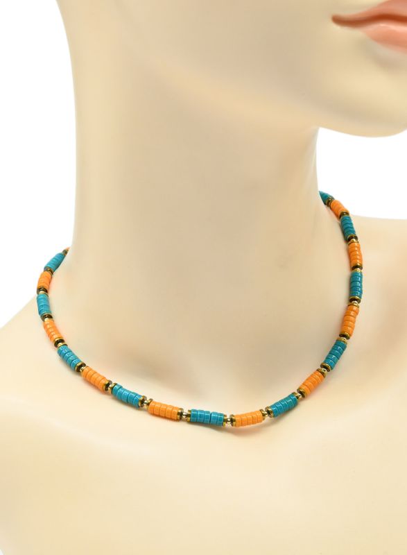 Choker on the neck disc 4*2mm color turquoise, orange, 39cm