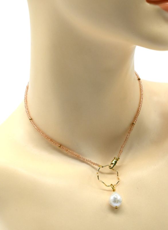 Choker on the neck made of cubic zirconia with a baroque pearl pendant, cream color, 35cm