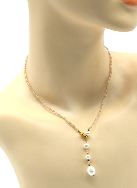 Choker on the neck made of cubic zirconia ball 2mm with pearl cream color, 40cm