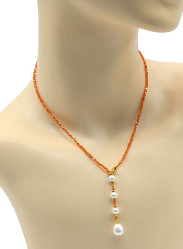 Choker on the neck made of cubic zirconia ball 2mm with pearls, orange color, 40cm