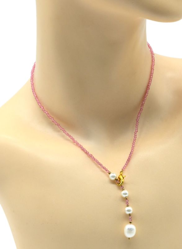 Choker on the neck made of cubic zirconia ball 2mm with pearls, pink, 40cm