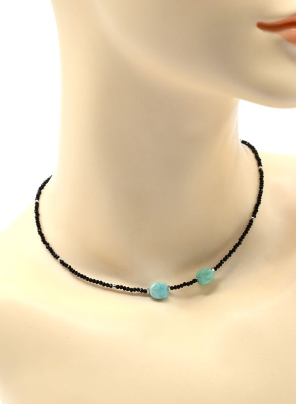 Black spinel choker with amazonite pendant, 40cm