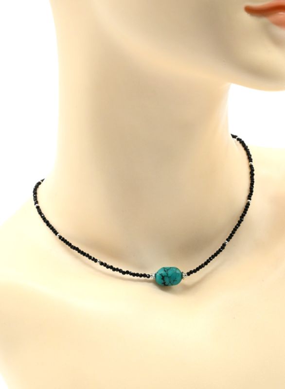 Choker on the neck made of black spinel with artificial turquoise pendant, 39cm