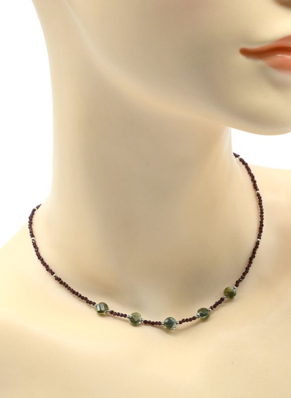 Choker around the neck made of spinel ball 2mm with zircon pendants, violet color, 39cm