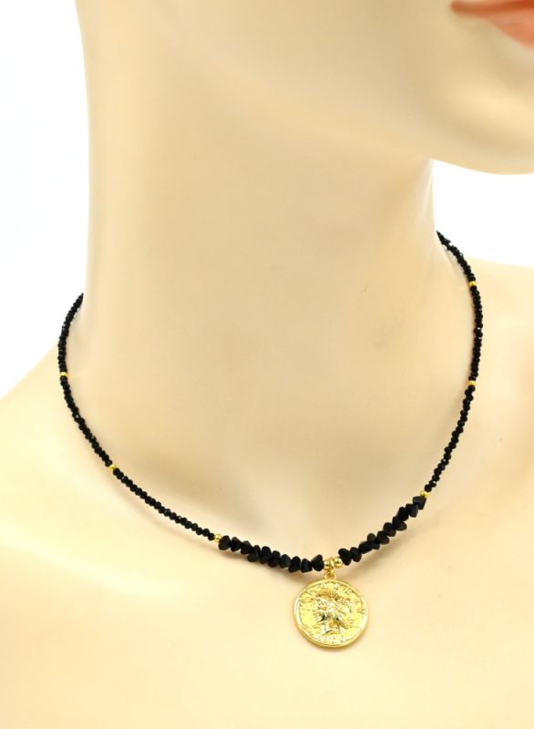 Choker on the neck made of zircon ball 2mm with a black pendant, 38cm