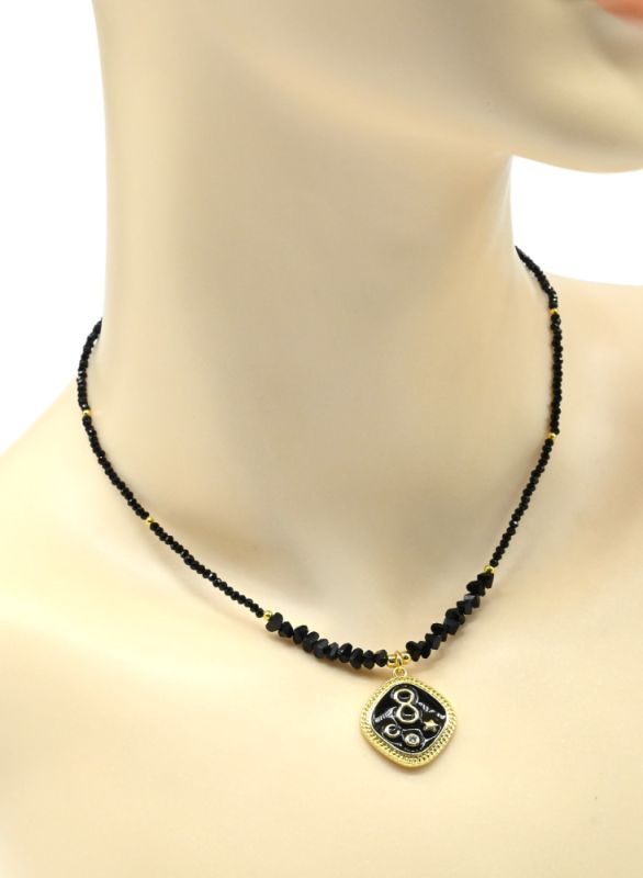 Choker on the neck made of zircon ball 2mm with a black pendant, 38cm