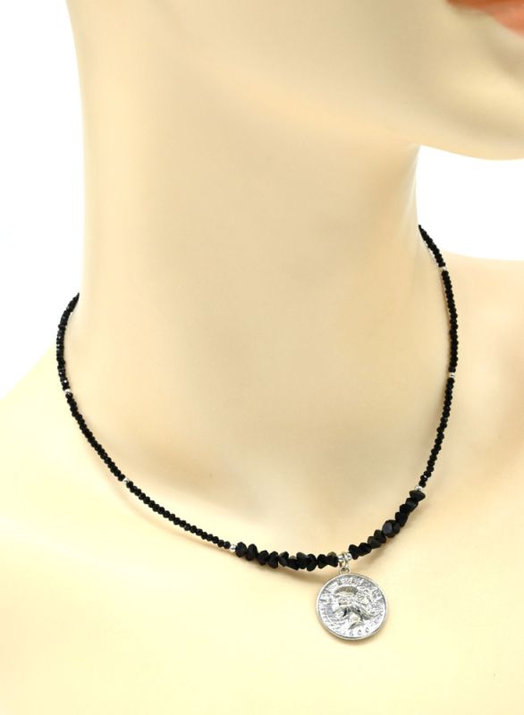 Choker on the neck made of zircon ball 2mm with a black pendant, 38cm