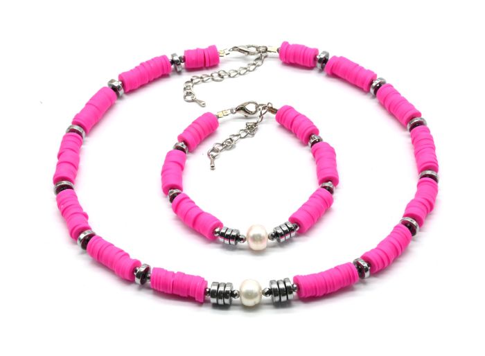 Choker around the neck with a rubber bracelet with pearls fuchsia 39cm, 19cm