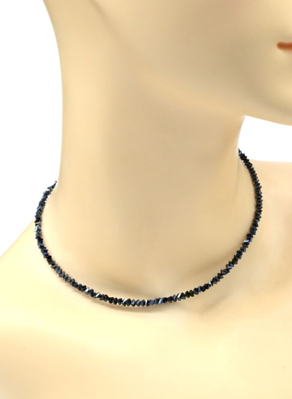 Women's neck choker made of zircon cut 3mm color blue-black, 35cm