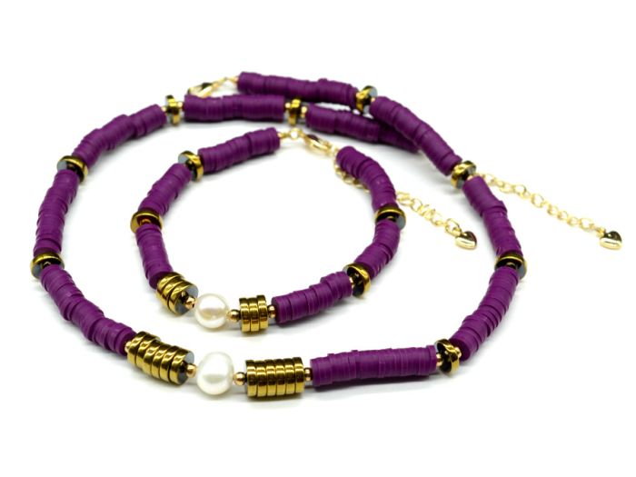 Choker around the neck with a rubber bracelet with pearls, purple, 39cm, 18cm