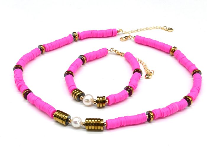 Choker around the neck with a rubber bracelet with pearls, pink neon, 39cm, 18cm